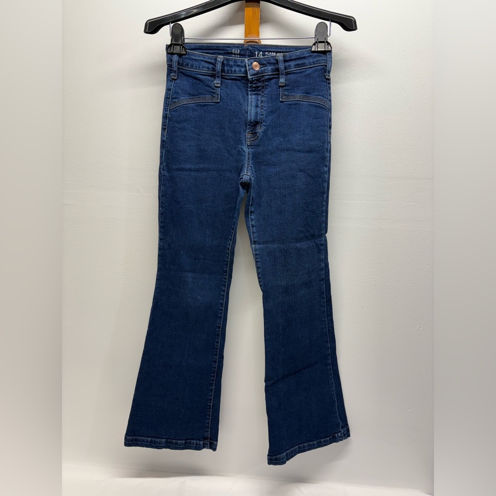 GAP High Rise Flare Denim Jeans Girls Size 14 (Y-M) Deep Indigo stretch jeans